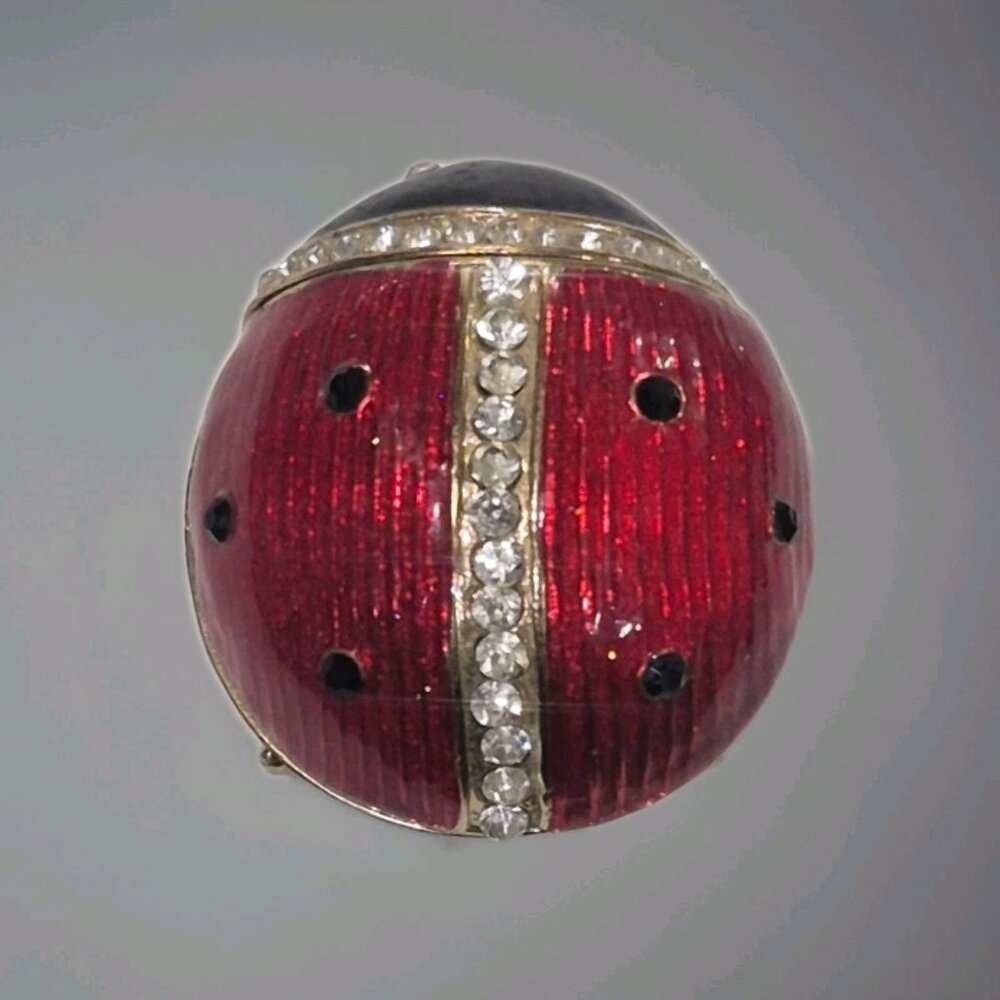 Vtg Cloisonne Trinket Box Ladybug Enamel Crystal Red Black Gold - Picture 3 of 7